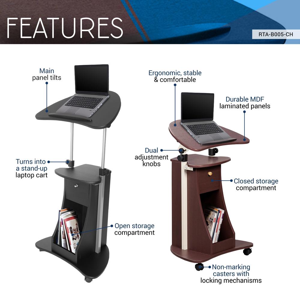 Rolling Adjustable Laptop Cart With Storage. Color: Chocolate