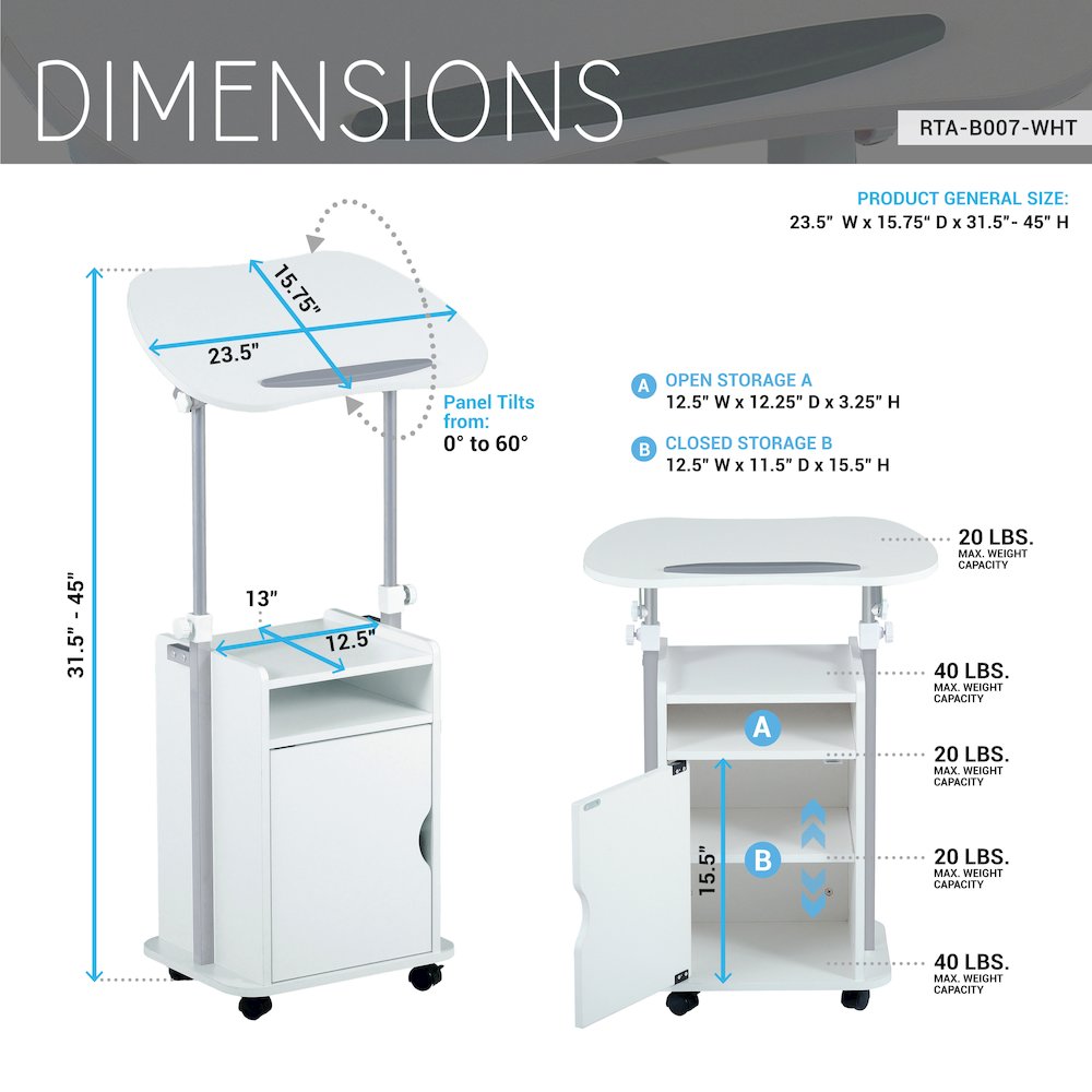 Sit-to-Stand Rolling Adjustable Laptop Cart With Storage, White