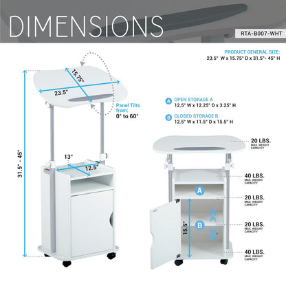 Sit-to-Stand Rolling Adjustable Laptop Cart With Storage, White