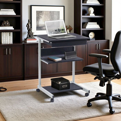 Gray Computer Cart With Storage Drawer, Dual Shelves And Metal Frame
