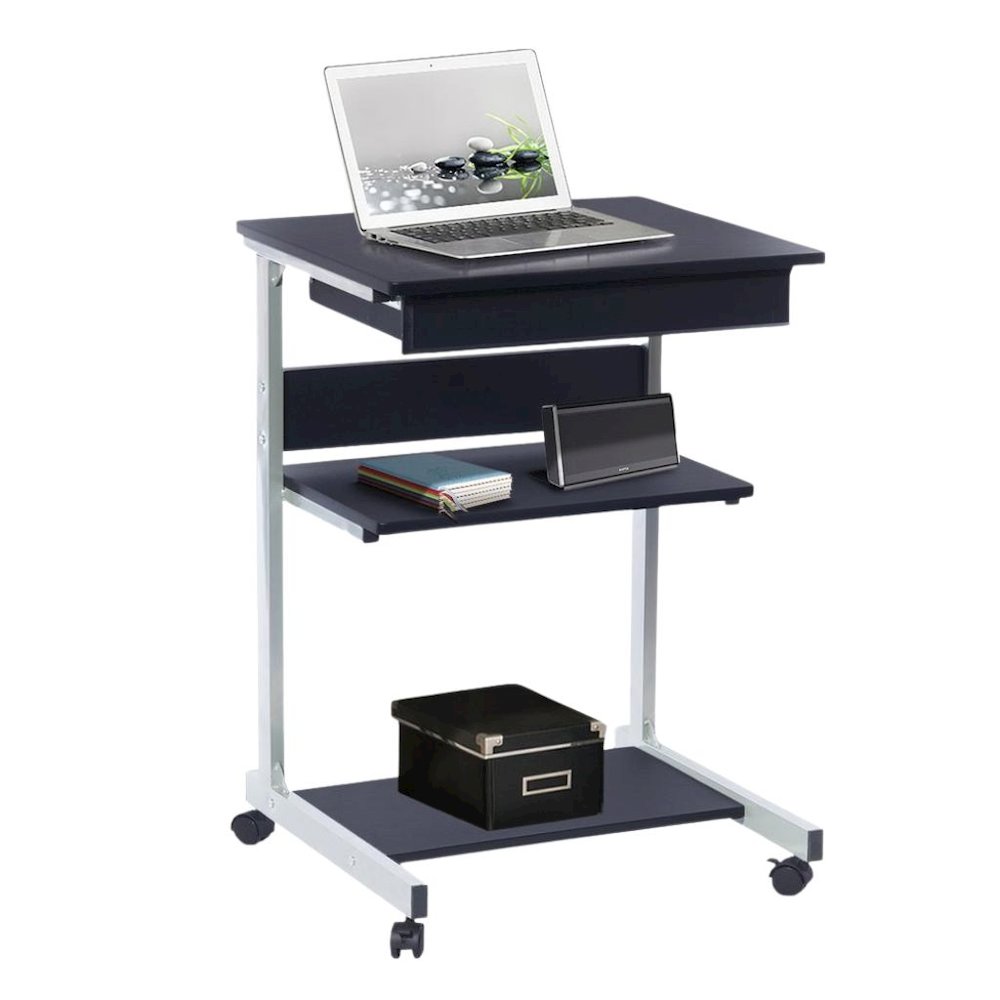 Gray Computer Cart With Storage Drawer, Dual Shelves And Metal Frame