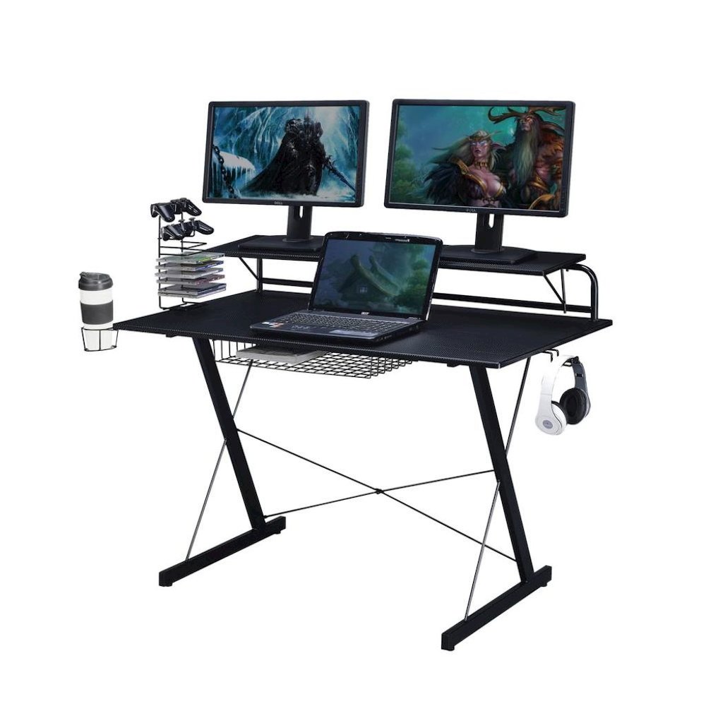 Black Gaming Table With Storage Tray, CD Rack, Cup Holder, For Game Room Use