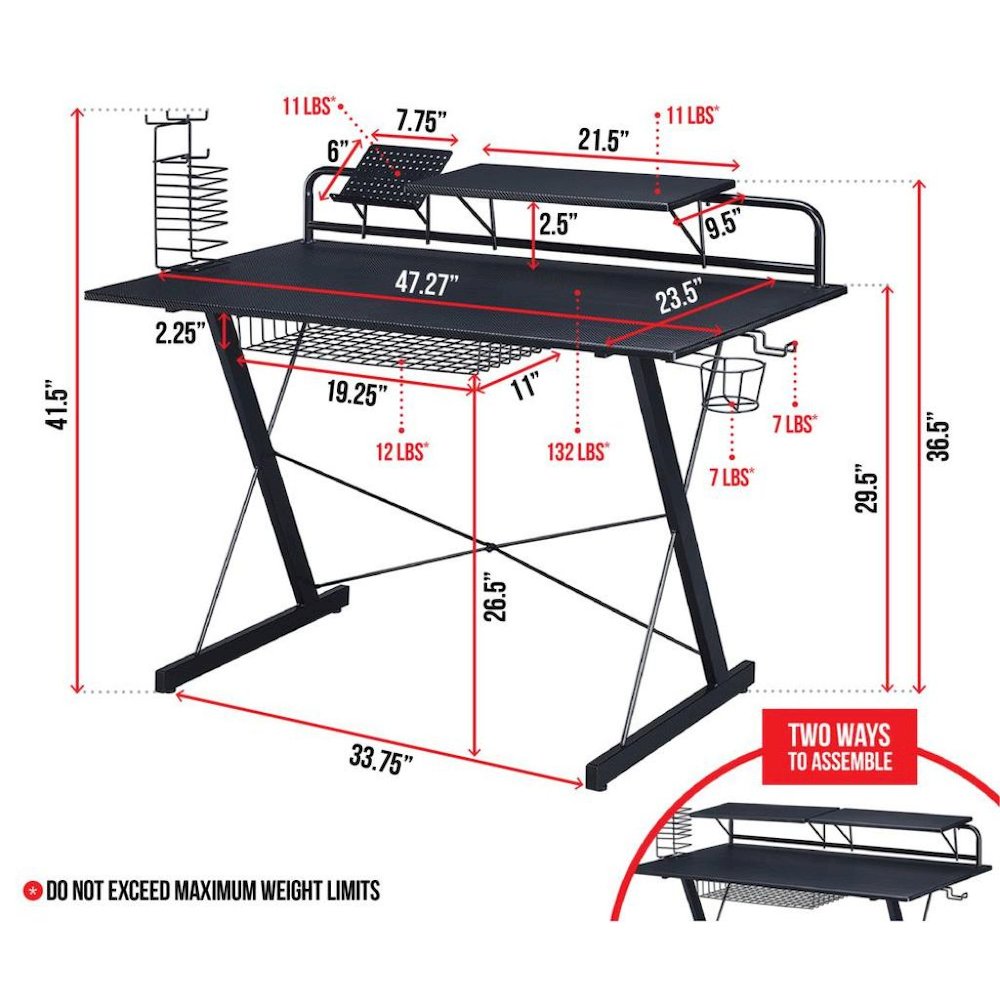 Black Gaming Table With Storage Tray, CD Rack, Cup Holder, For Game Room Use