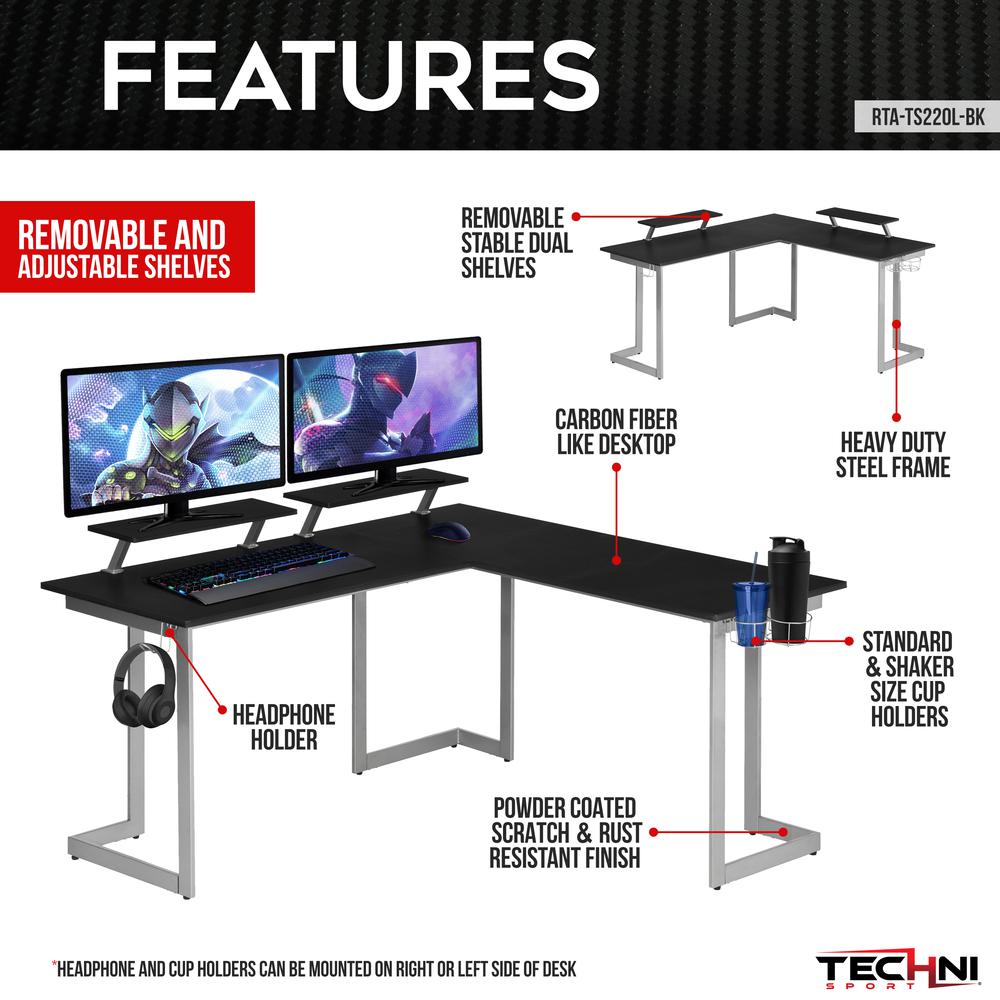 Techni Sport Warrior L-Shaped Gaming Desk, Black