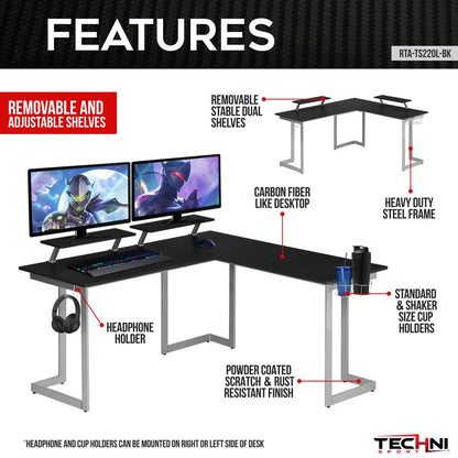 Techni Sport Warrior L-Shaped Gaming Desk, Black