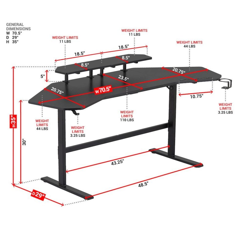 Black Gaming Desk with Wheels, Adjustable PC Desk Table for Gamers