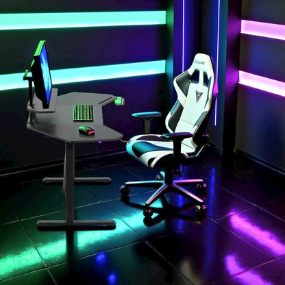 Black Gaming Desk with Wheels, Adjustable PC Desk Table for Gamers