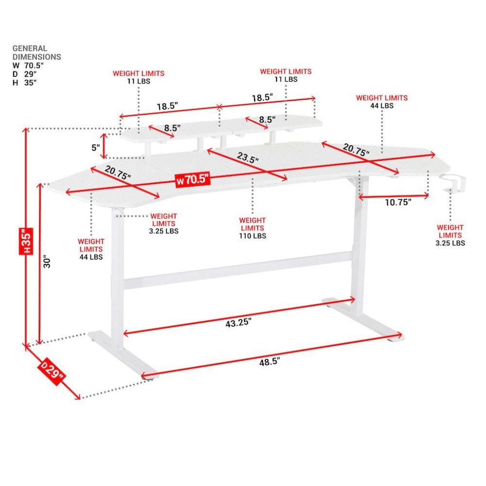 White Gaming Desk with Wheels, Adjustable PC Desk Table for Gamers