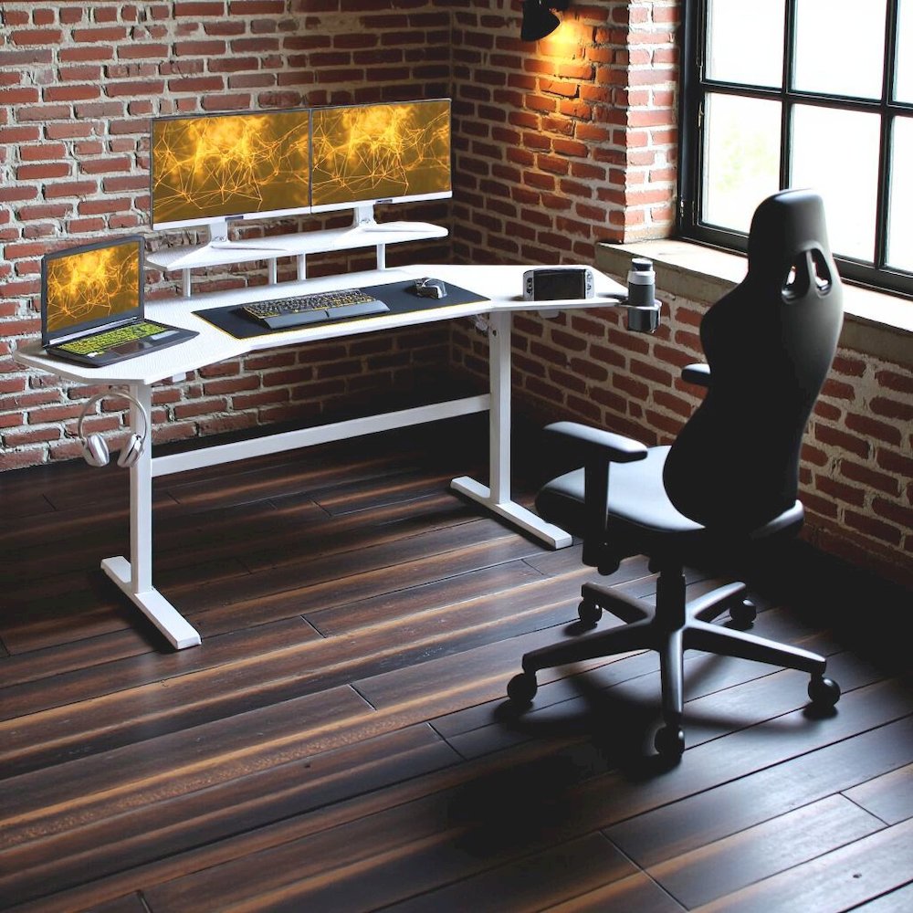 White Gaming Desk with Wheels, Adjustable PC Desk Table for Gamers