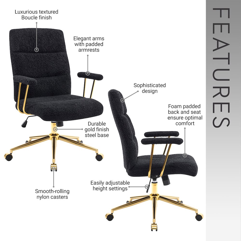 Textured Boucle Fabric Black and Gold Office Chair