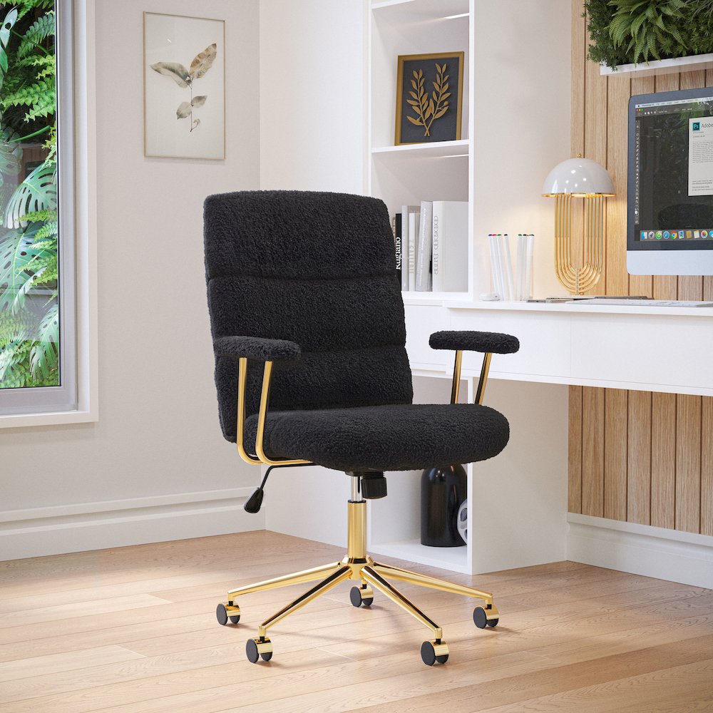 Textured Boucle Fabric Black and Gold Office Chair