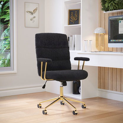 Textured Boucle Fabric Black and Gold Office Chair