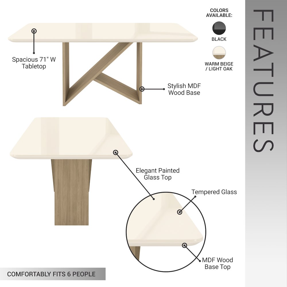 6 Seater Dining Table with Painted Glass Top &  Elegant Wooden Base