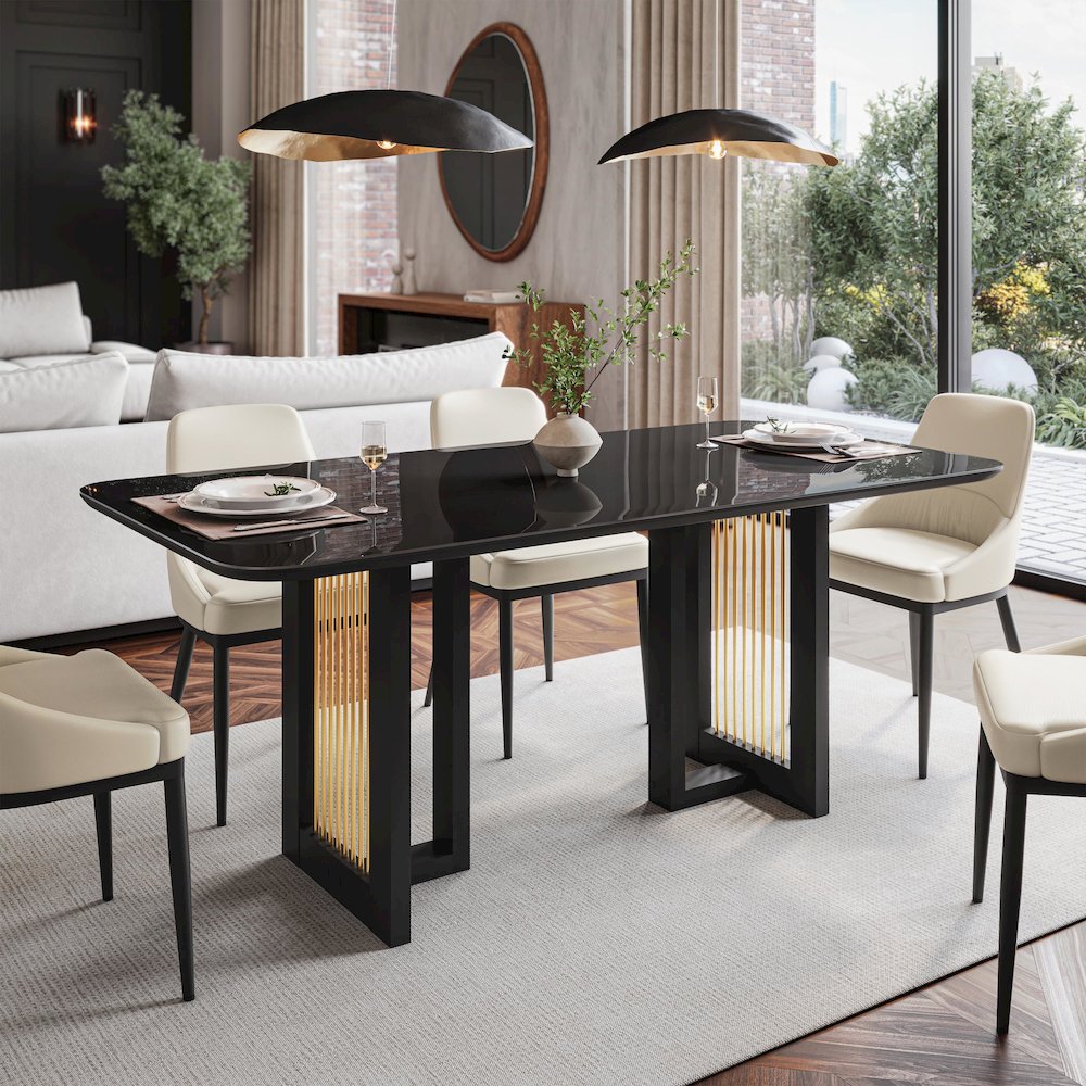 Modern 6 Seater Dining Table with Gold Accents, Black & Gold