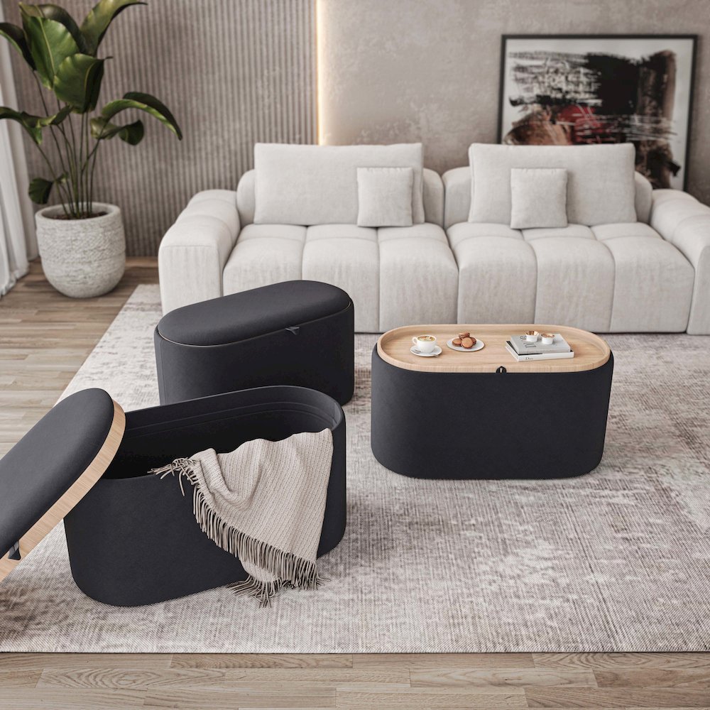 Storage Ottoman with Reversible Wooden Tray Top, Black