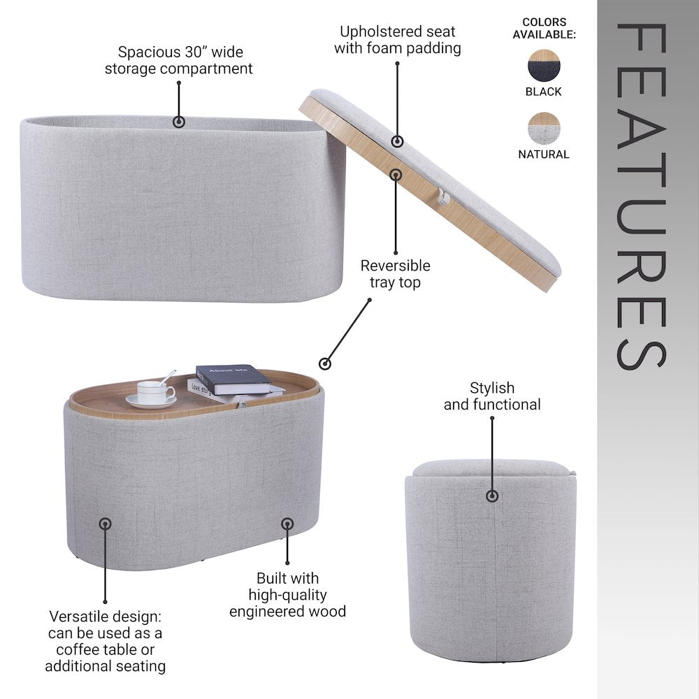 Storage Ottoman with Reversible Wooden Tray Top, Natural