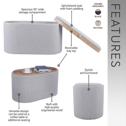 Storage Ottoman with Reversible Wooden Tray Top, Natural