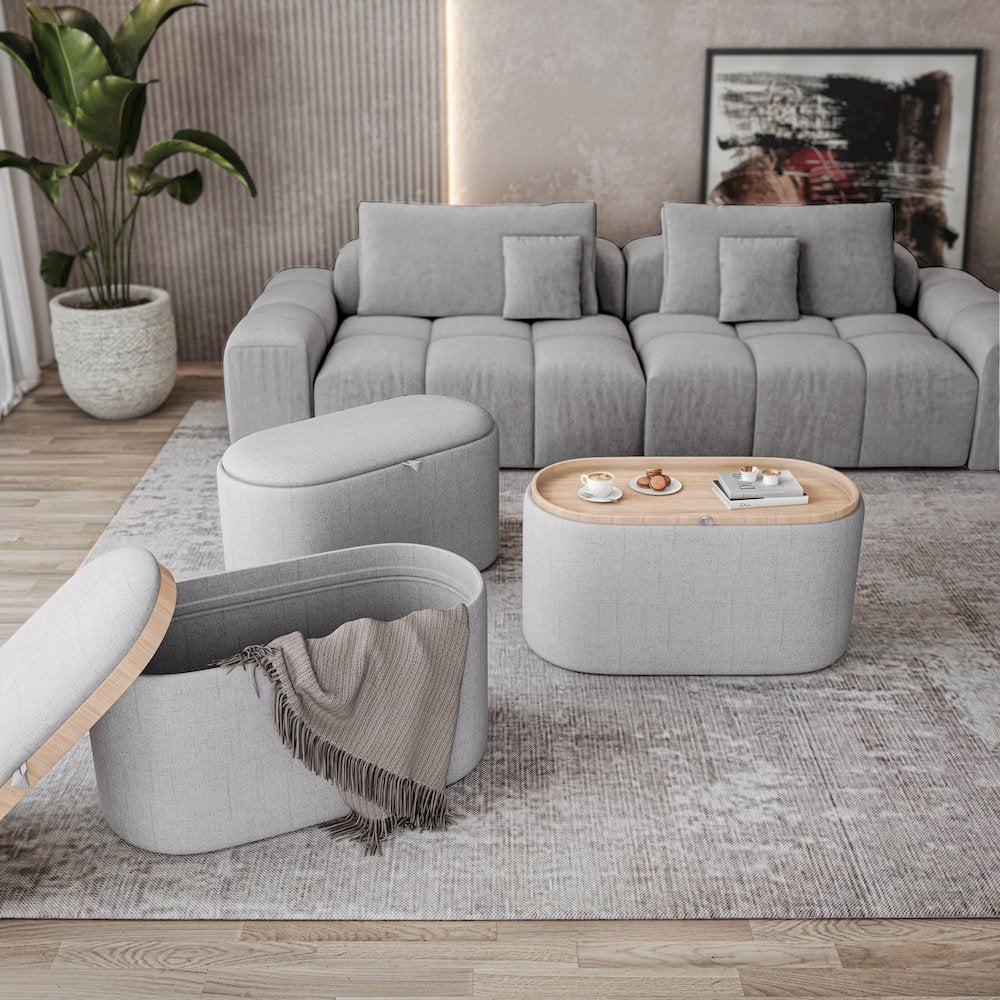 Storage Ottoman with Reversible Wooden Tray Top, Natural