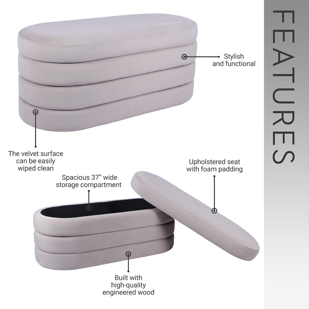 Velvet Ottoman Bench with Storage, Taupe
