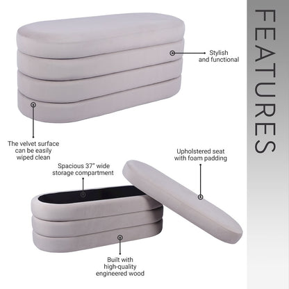 Velvet Ottoman Bench with Storage, Taupe