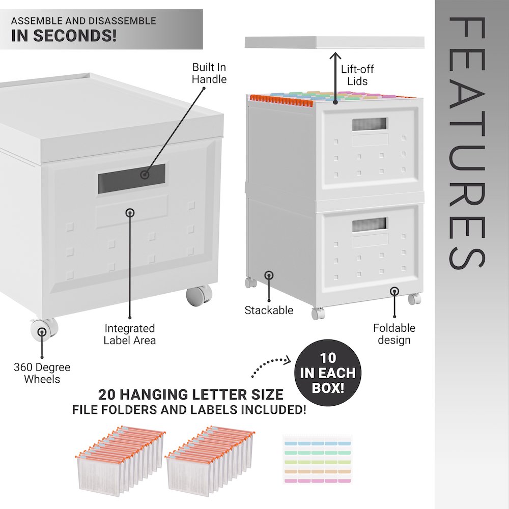 Set of 2 Stackable Rolling File Boxes with Lids and 10 Hanging Files