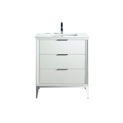 Divani 30'' Gloss White Vanity W/ Quartz Counter Top  (Back Splash Free)