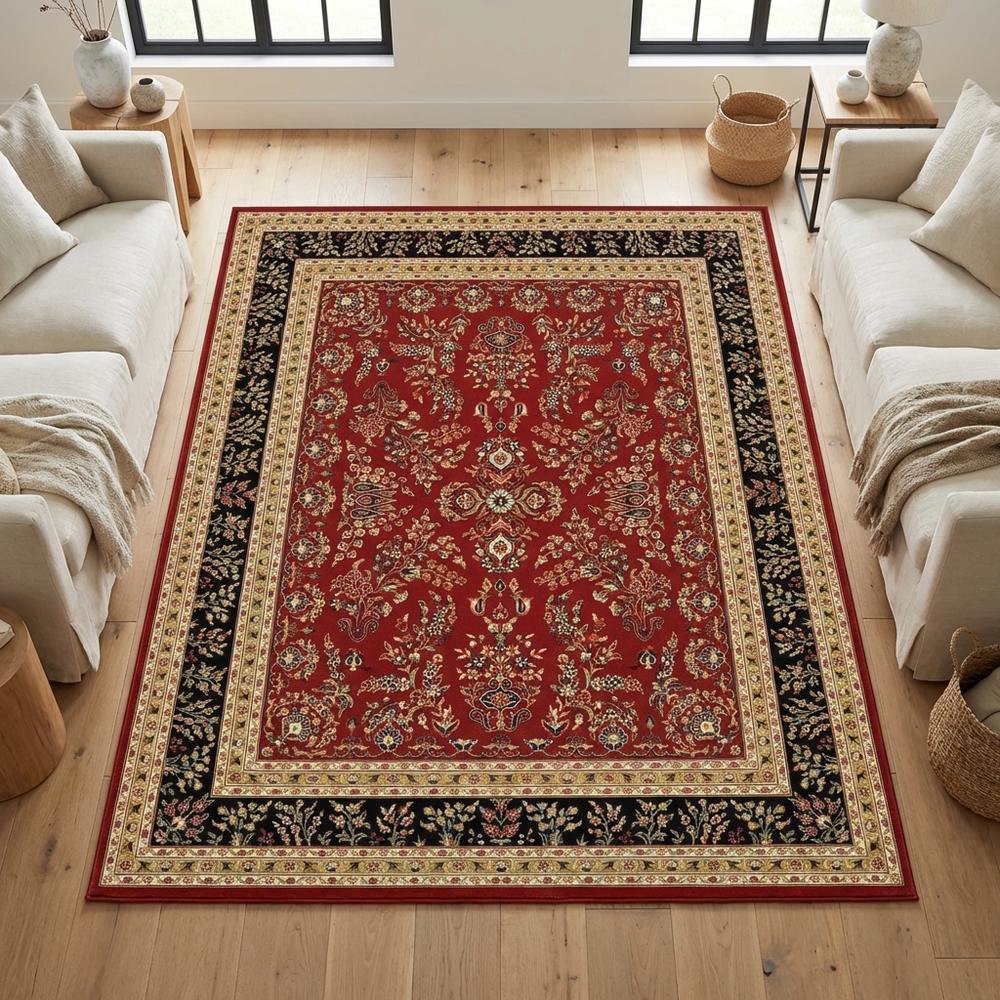 Red and Black Area Rug with Jute Backing and Power Loomed Construction