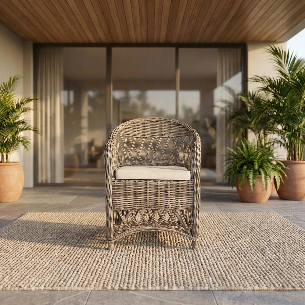 Outdoor Wicker Club Chair in White with Rattan Frame and Cotton Fabric
