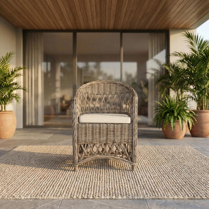 Outdoor Wicker Club Chair in White with Rattan Frame and Cotton Fabric