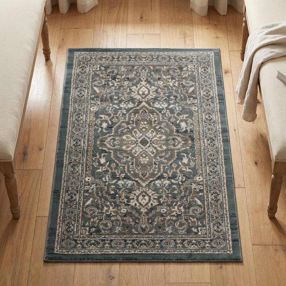 Teal / Grey Area Rug, Power Loomed, Jute Backing, Rectangle Style