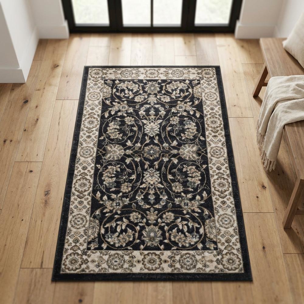 Anthracite and Cream Area Rug with Power Loomed Polypropylene Pile, Jute Backing