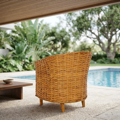 Outdoor Rattan Barrel Chair With White Cotton Fabric And Honey Oak Finish