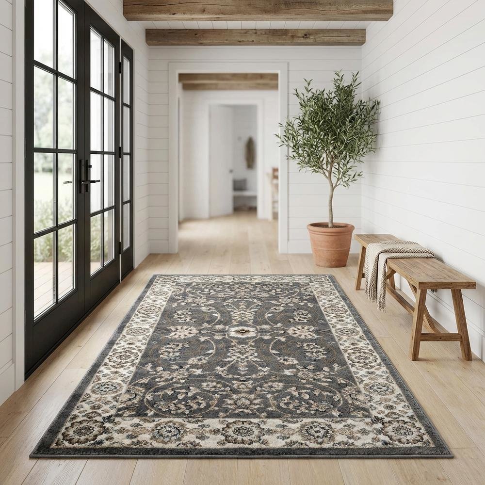 Gray and Cream Area Rug with Power Loomed Construction and Jute Backing