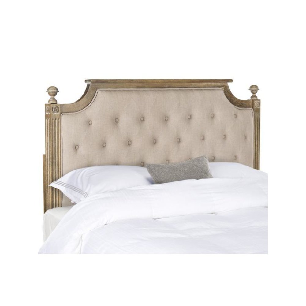 RUSTIC WOOD TAUPE TUFTED LINEN QUEEN HEADBOARD