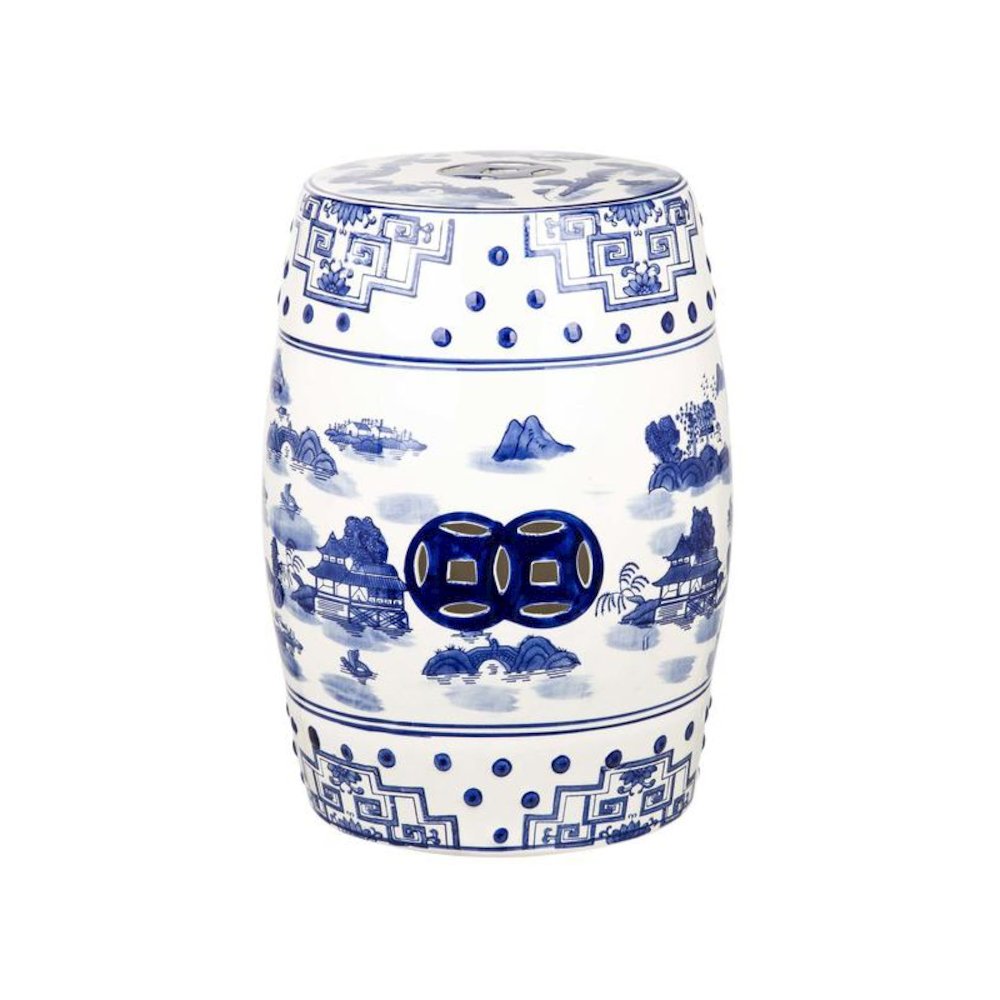 Gateless Mist Chinoiserie Garden Stool, Blue