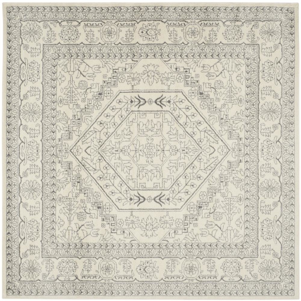 Ivory and Silver 8-Foot Square Area Rug with Polypropylene Pile, Power Loomed