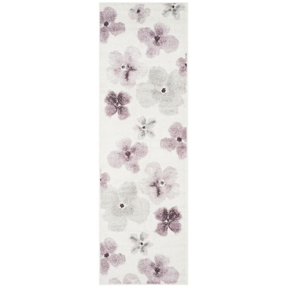 Ivory and Purple Area Rug with Power Loomed Polypropylene Pile Runner Style