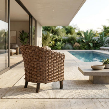 Outdoor Rattan Barrel Chair With White Polyester Cotton Fabric And Foam Cushion