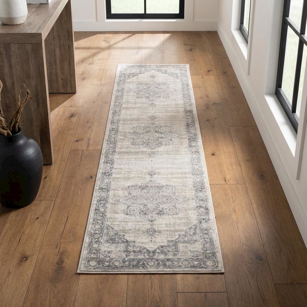 Cream / Grey Area Rug with Jute Backing and Power Loomed Craftsmanship, Runner