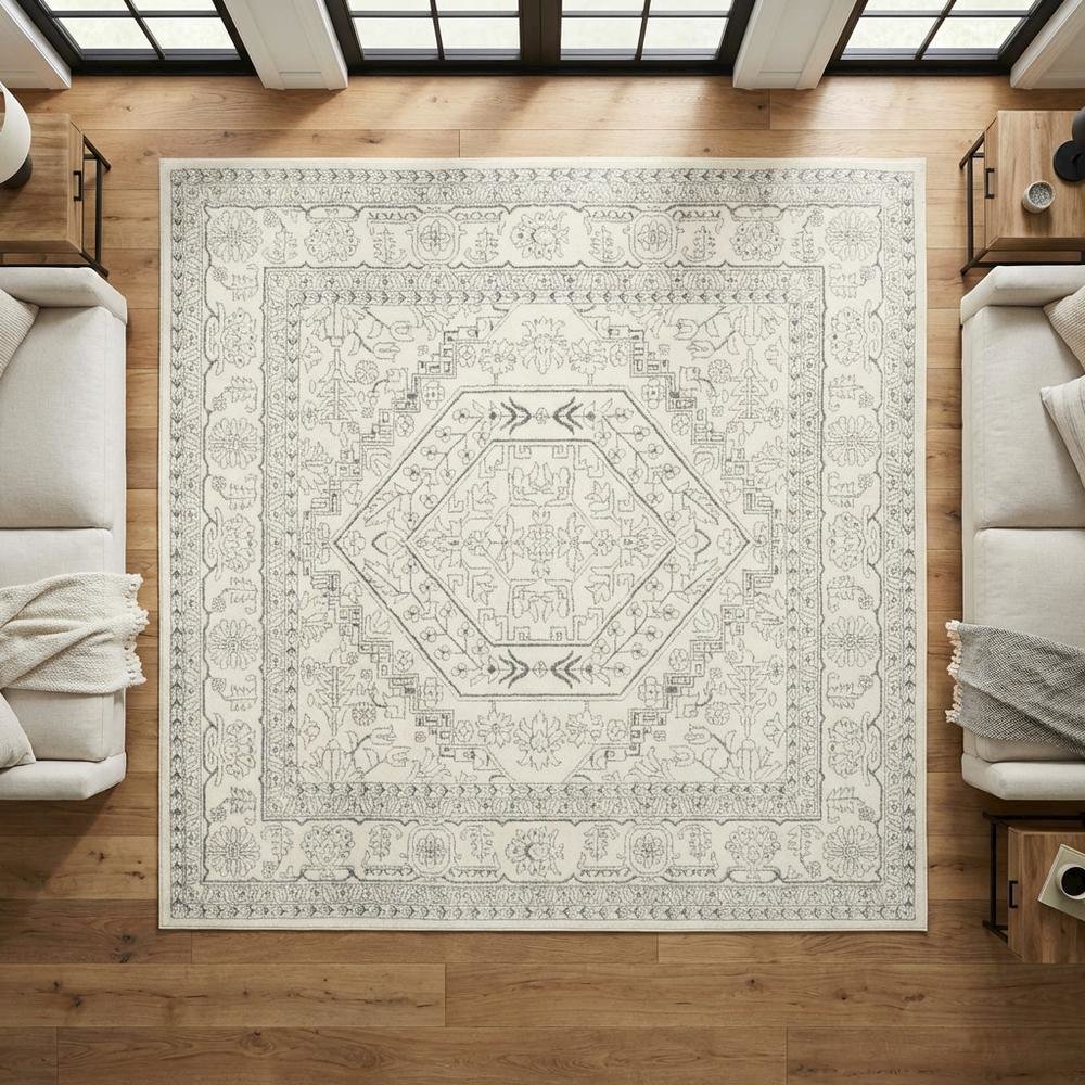 Ivory and Silver 8-Foot Square Area Rug with Polypropylene Pile, Power Loomed