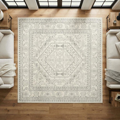 Ivory and Silver 8-Foot Square Area Rug with Polypropylene Pile, Power Loomed