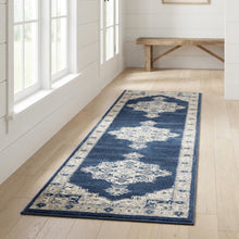 Navy and Creme Area Rug with Power Loomed Backing and Jute Backing, Runner Style