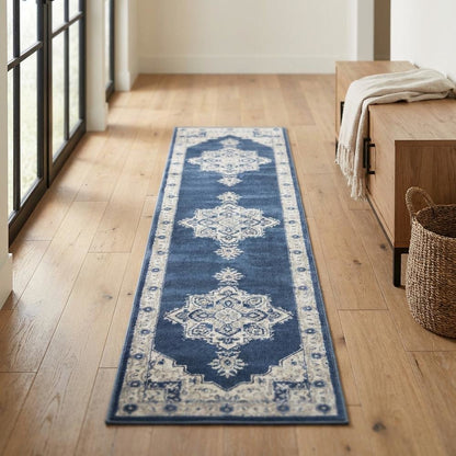 Navy and Creme Area Rug with Power Loomed Backing and Jute Backing, Runner Style