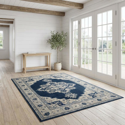Navy and Creme Area Rug with Jute Backing and Power Loomed Construction