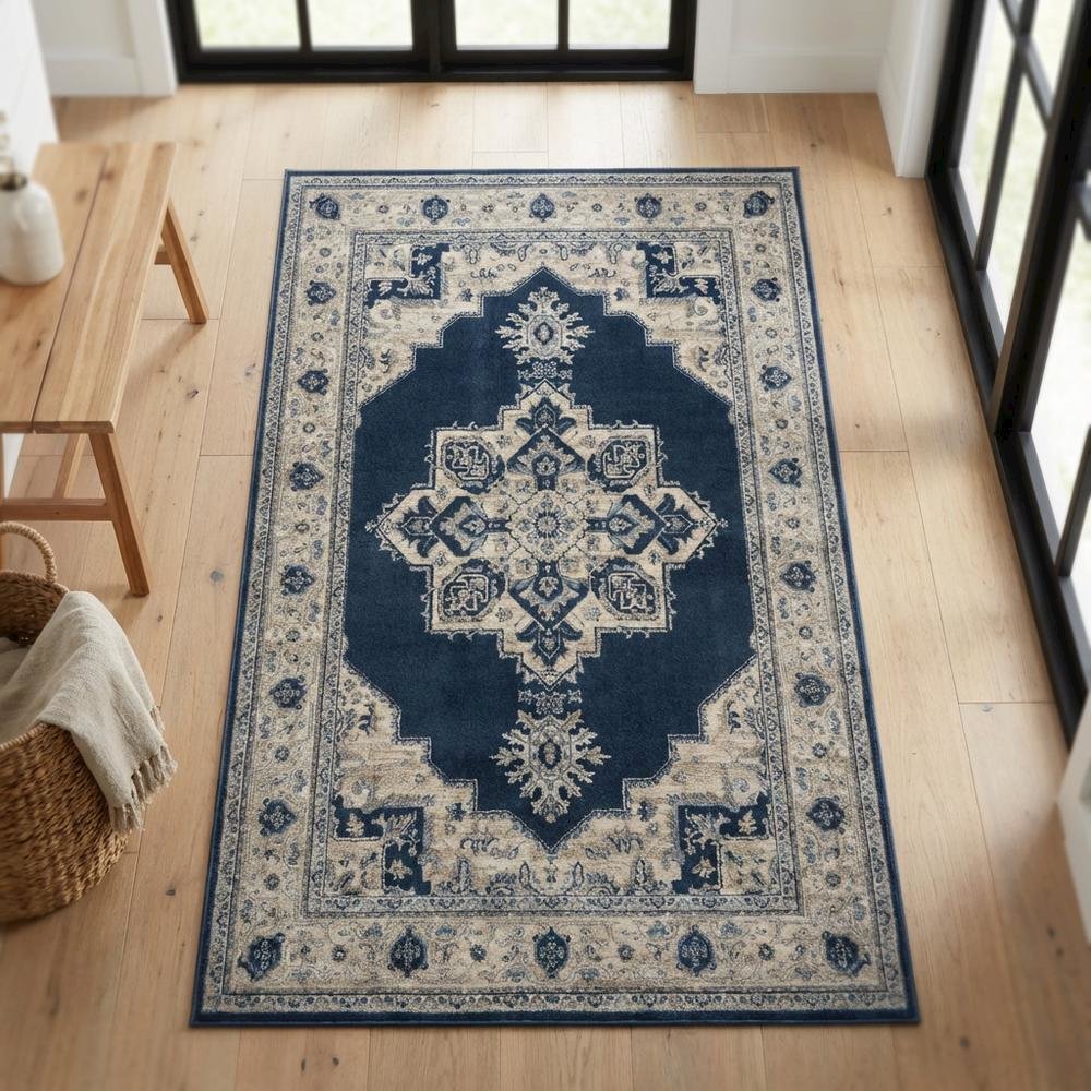 Navy and Creme Area Rug with Jute Backing and Power Loomed Construction