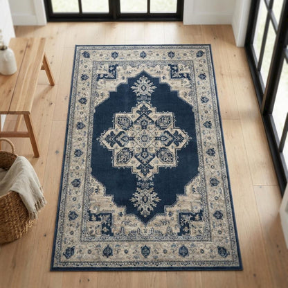 Navy and Creme Area Rug with Jute Backing and Power Loomed Construction