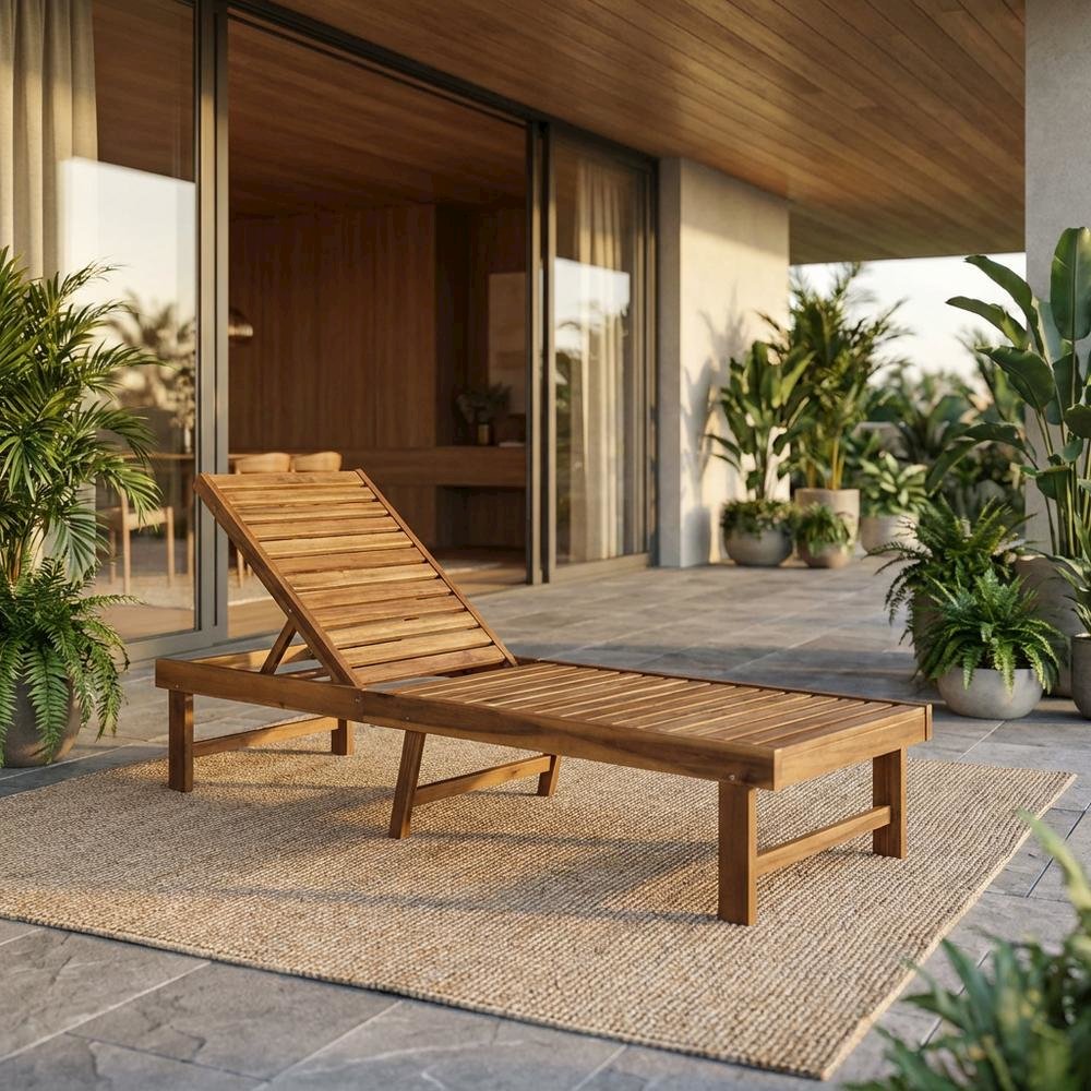 Outdoor Lounge Chair With Acacia Wood And Silver Metal Finish