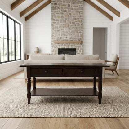 Cherry Wood Coffee Table with 2 Drawers and Shelf Storage