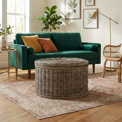 Grey Fabric and Rattan Coffee Table with Sturdy Frame