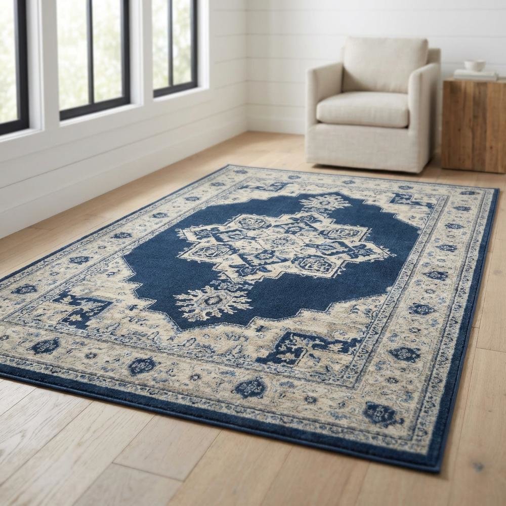 Navy and Creme Area Rug with Power Loomed Construction and Jute Backing